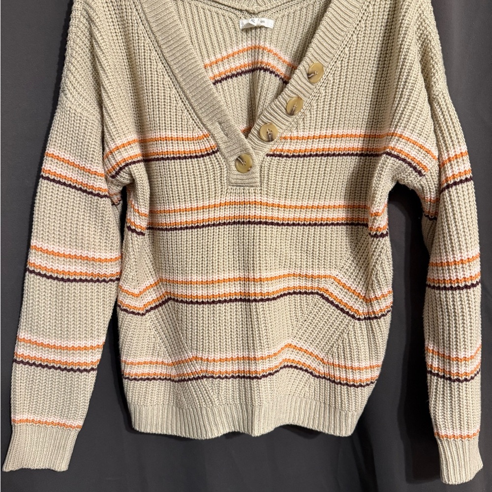 Maurices Cream V-Neck Button Stripe Women’s Sweater with Orange&Brown Accents
